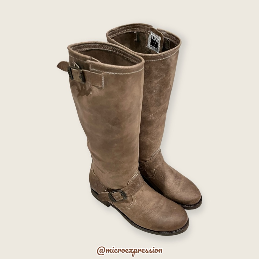 $399 Frye Veronica Slouch Tan Distressed Leather Engineer Moto Tall Buckle Boot - Picture 13 of 16